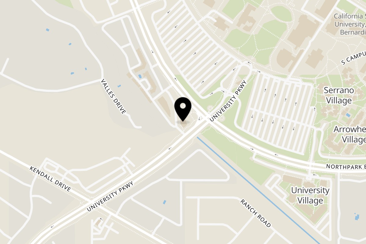 Map showing the location of University Ave Pizzeria on 1725 Northpark Blvd W A-4 in San Bernardino